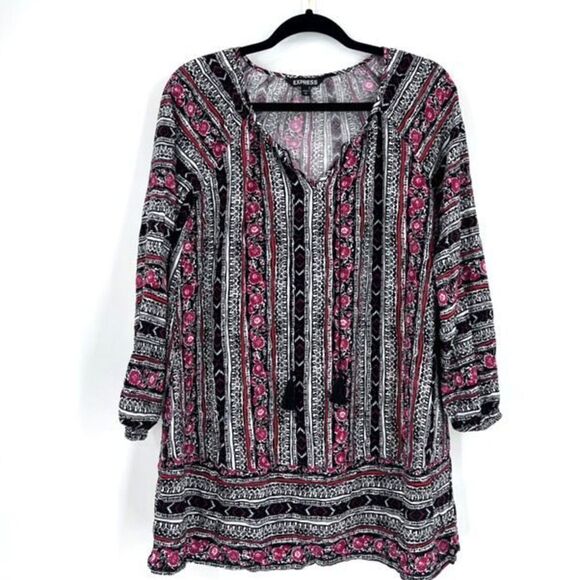 Express Women's V Neck Boho tunic Blouse Tassel Floral Mini  Red Black small - Picture 1 of 7